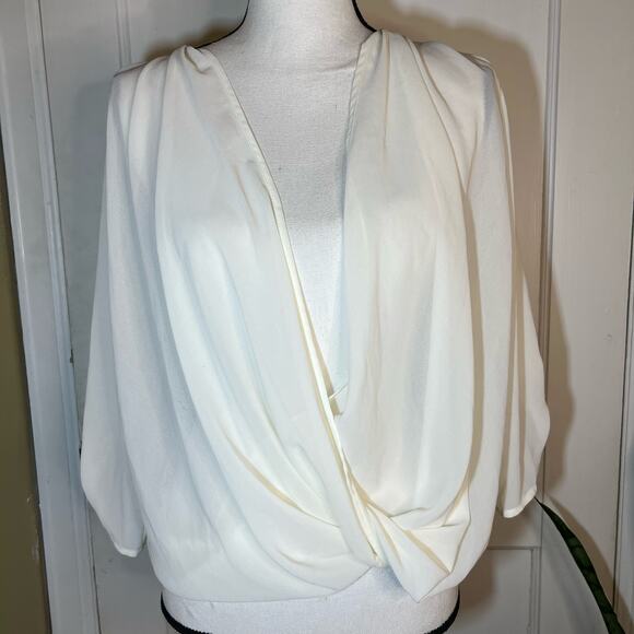 NWT Maurices White Chiffon Drape Front Blouse Lace Back Long Sleeve Size Small - Picture 1 of 9